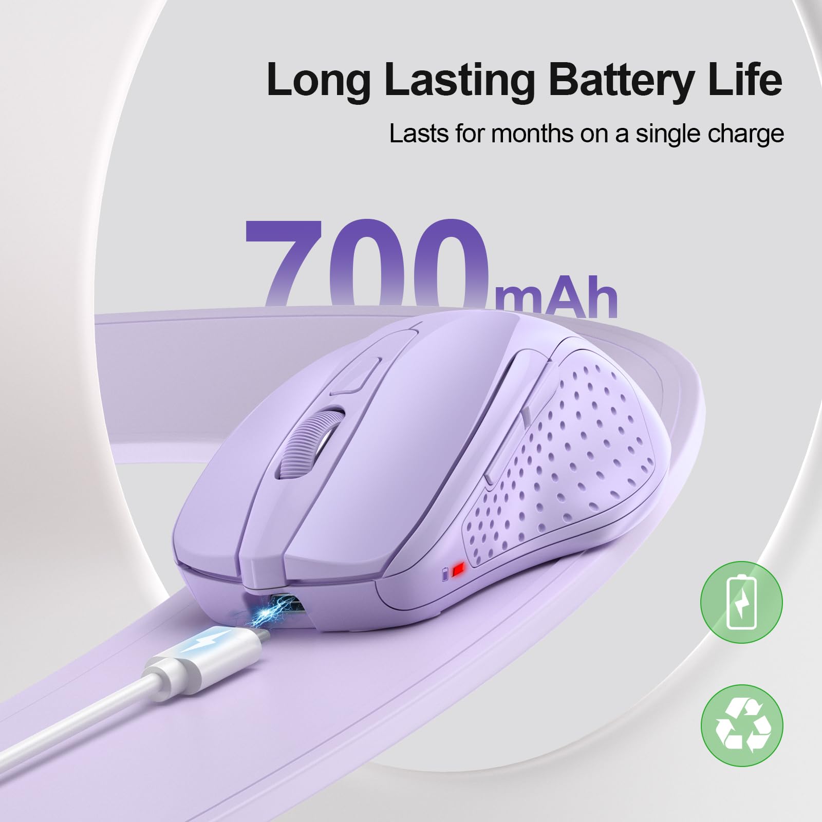 Tecknet Wireless Mouse (Bt5.0/3.0 & 2.4G) Rechargeable 4800 Dpi Silent Mouse 6 Buttons Bluetooth Mouse, Usb A Mouse Wide Compatibility   Lavender