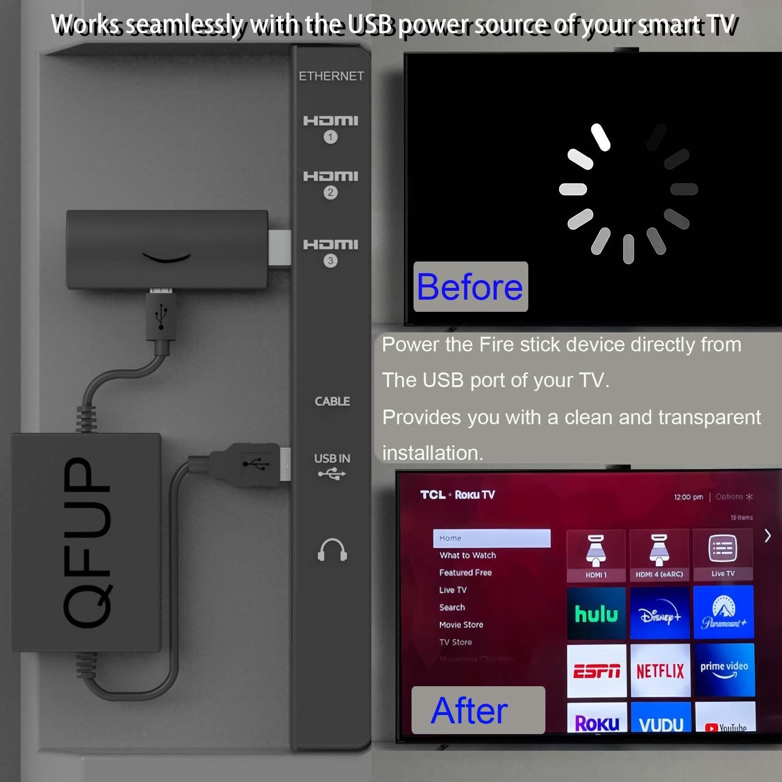 Qfup Usb Power Cable For Fire Tv Stick 4K Max, Powers Streaming Tv Sticks Directly From The Tv'S Usb Port, (Eliminating Messy Wi