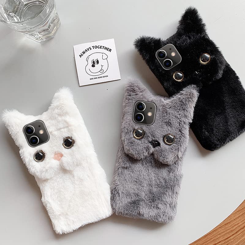 Unnfiko Winter Soft Warm Plush Case Compatible With Iphone 14 Plus, Cute Cat Fuzzy Animal Fluffy Fur Handmade Case Covers For Gi