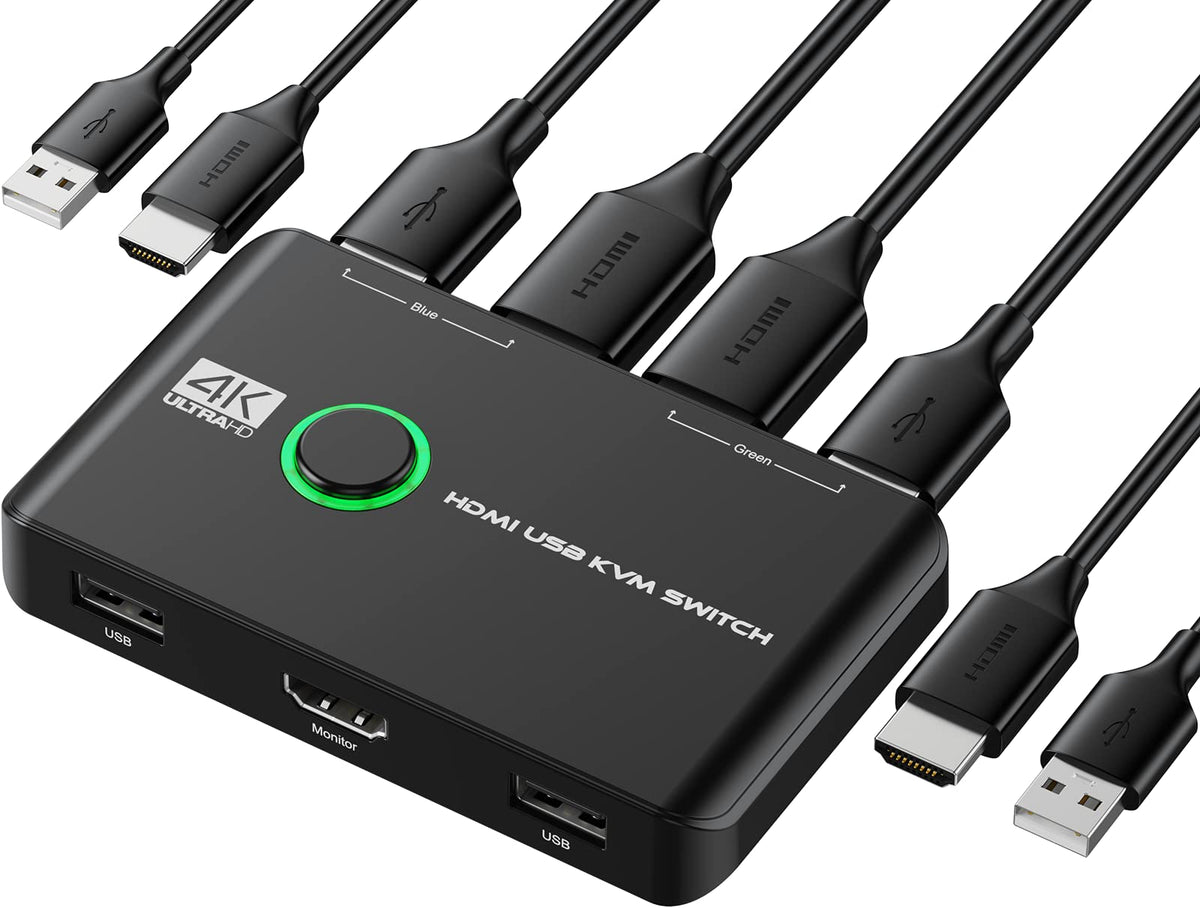 4K Kvm Switch Hdmi 2 Port Box, Usb Hdmi Kvm Switches For 2 Computers Share Keyboard Mouse Printer And One Hd Monitor, Support Uh