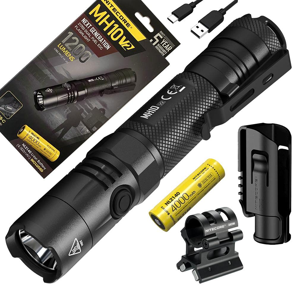 Combo: Nitecore Mh10 V2 Type C Rechargeable Flashlight 1200 Lumens W/2140 Battery, Gm02Mh Mount & Free Eco Sensa Usb Cable