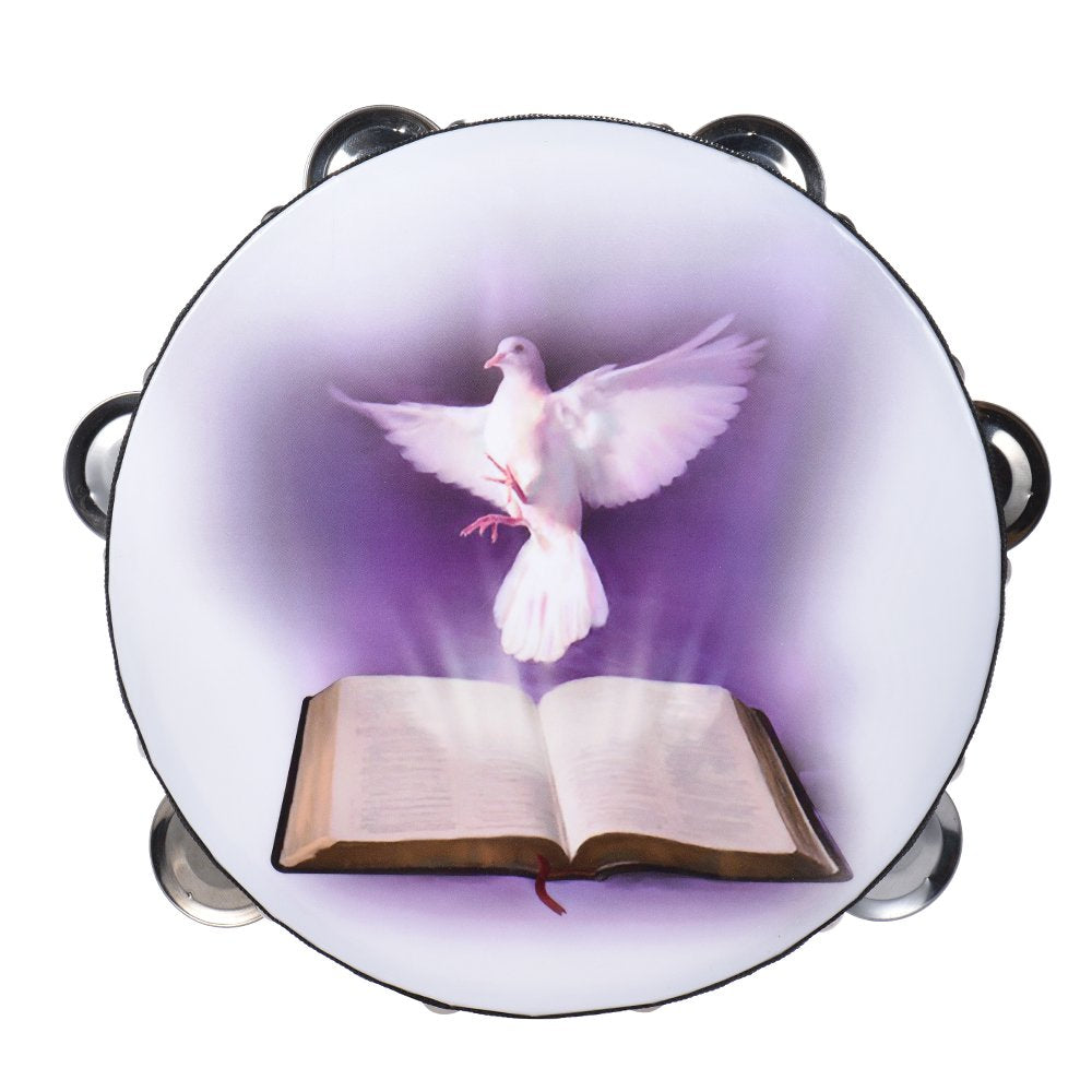 Decdeal 8 Double Row Jingle Tambourine Handbell Clap Drum Percussion Instrument with Dove & Bible Pattern for Church