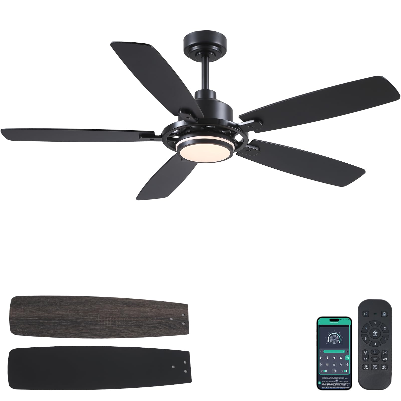 SHIHOT 54 Black Ceiling Fans with Lights and Remote,Modern Led Ceiling Fans with Quiet DC Motor, Dimmable 6 Speeds Reversible fo
