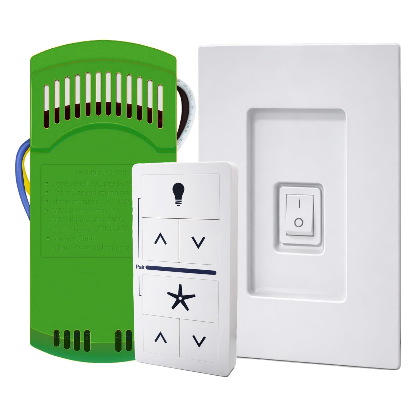 Universal Ceiling Fan Remote Control Kit with Receiver, Fan Remote Wall Control Switch for 3 Speeds & Full Range Light Dimmer, H
