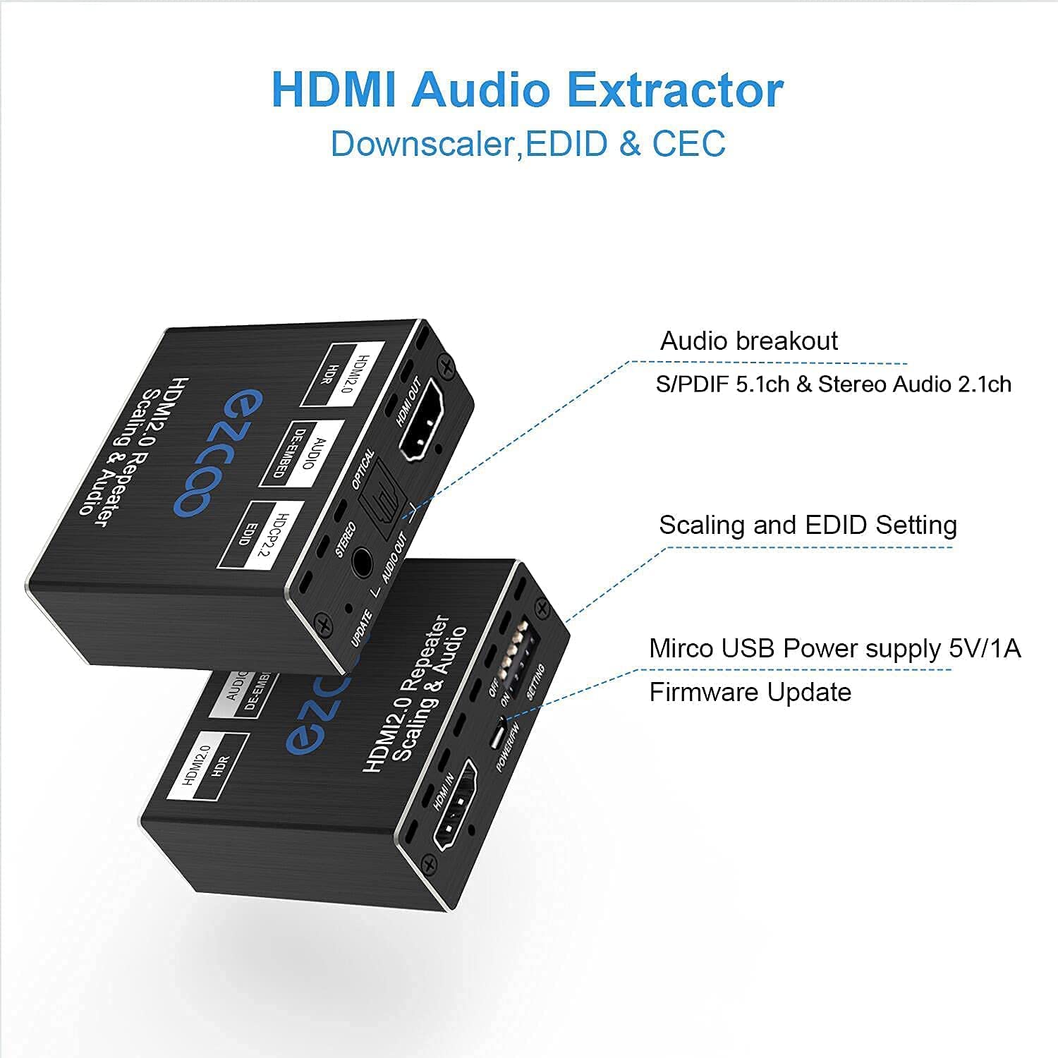 Hdmi Splitter 1X1 Audio Extractor 4K 60Hz Atmos Cec Edid/Down Scale/Hdcp Switch Fit Various Video  Spdif 5.1Ch Optical Toslink,S