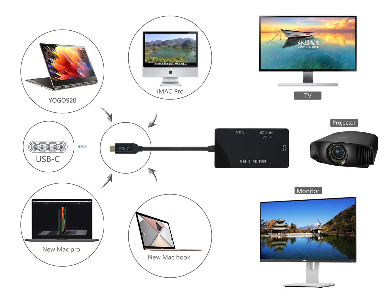 BELIN LINK USB-C Thunderbolt 3 to HDMI VGA DVI 3-in-1 Video Adapter Gold-Plated Black 4K