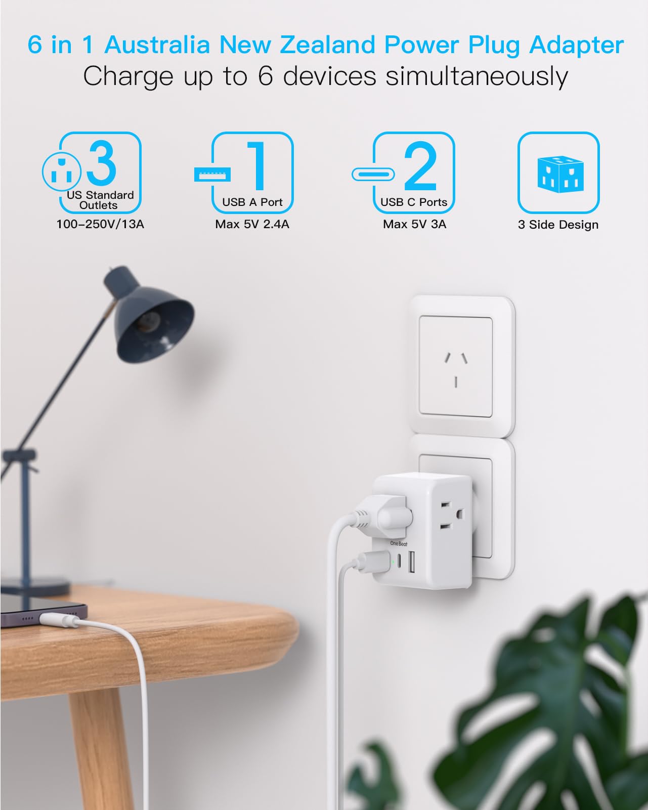 2 Pack Australia New Zealand Power Plug Adapter, Australia Travel Adapter With 3 American Outlets 3 Usb Charging Ports (2 Usb C)