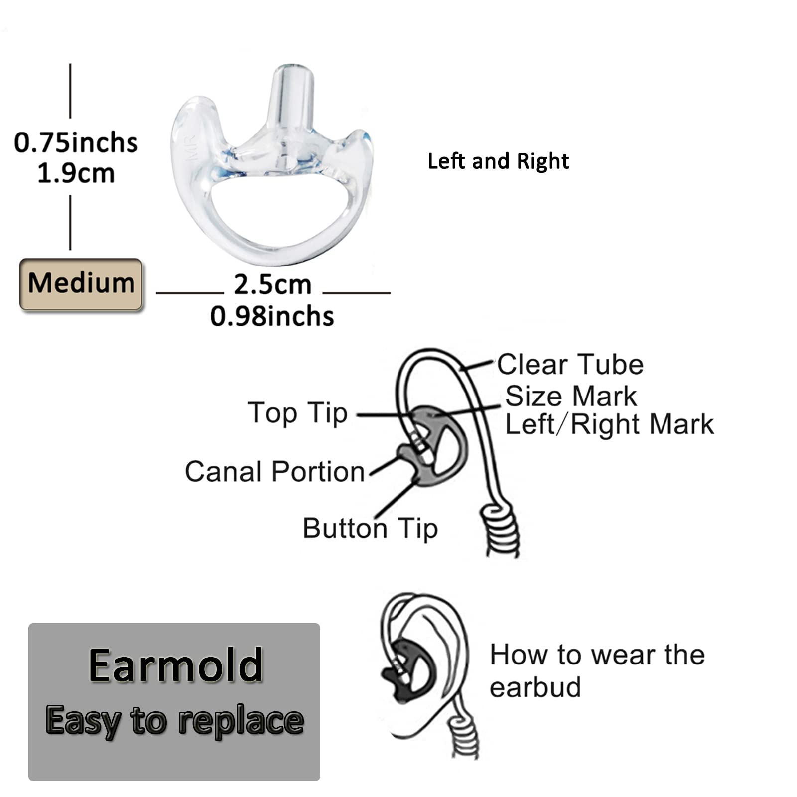 Hys Soft Flexible Open Ear Insert Ear Buds Medium Earmold Replacement Ear Pieces/Ear Tip For Clear Acoustic Coil Tube Earbud Audio Kit Earpiece Headset, 3Pair Clear Left And Right Earmold