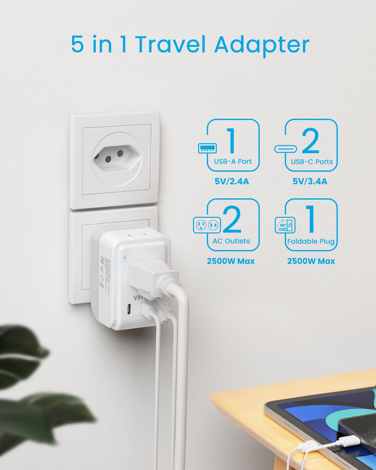 1 Pack Switzerland Travel Plug Adapter, Vintar Foldable Type J Adapter Switzerland With 2 Ac Outlets 3 Usb Ports(2 Usb C), Switz
