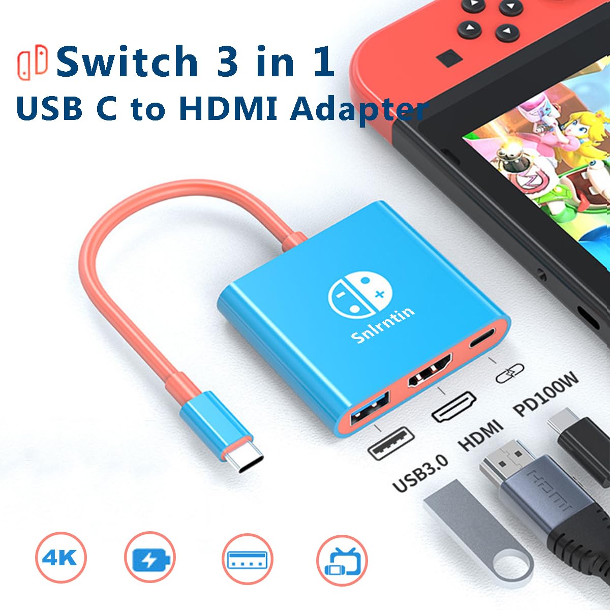 Usb C To Hdmi Adapter For Nintendo Switch, 3 Port Usb C Multiport Digital Av Converter Adapter With 4K Hdmi Output/ Usb 3.0/ Pd