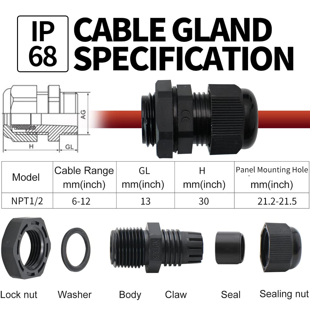 Cable Glands 1/2 Npt Inch Nylon Pa66,Waterproof Ip68 Adjustable Locknut For 6 12Mm Cable Diameter (9Pcs,Black,Plastic Box) Used