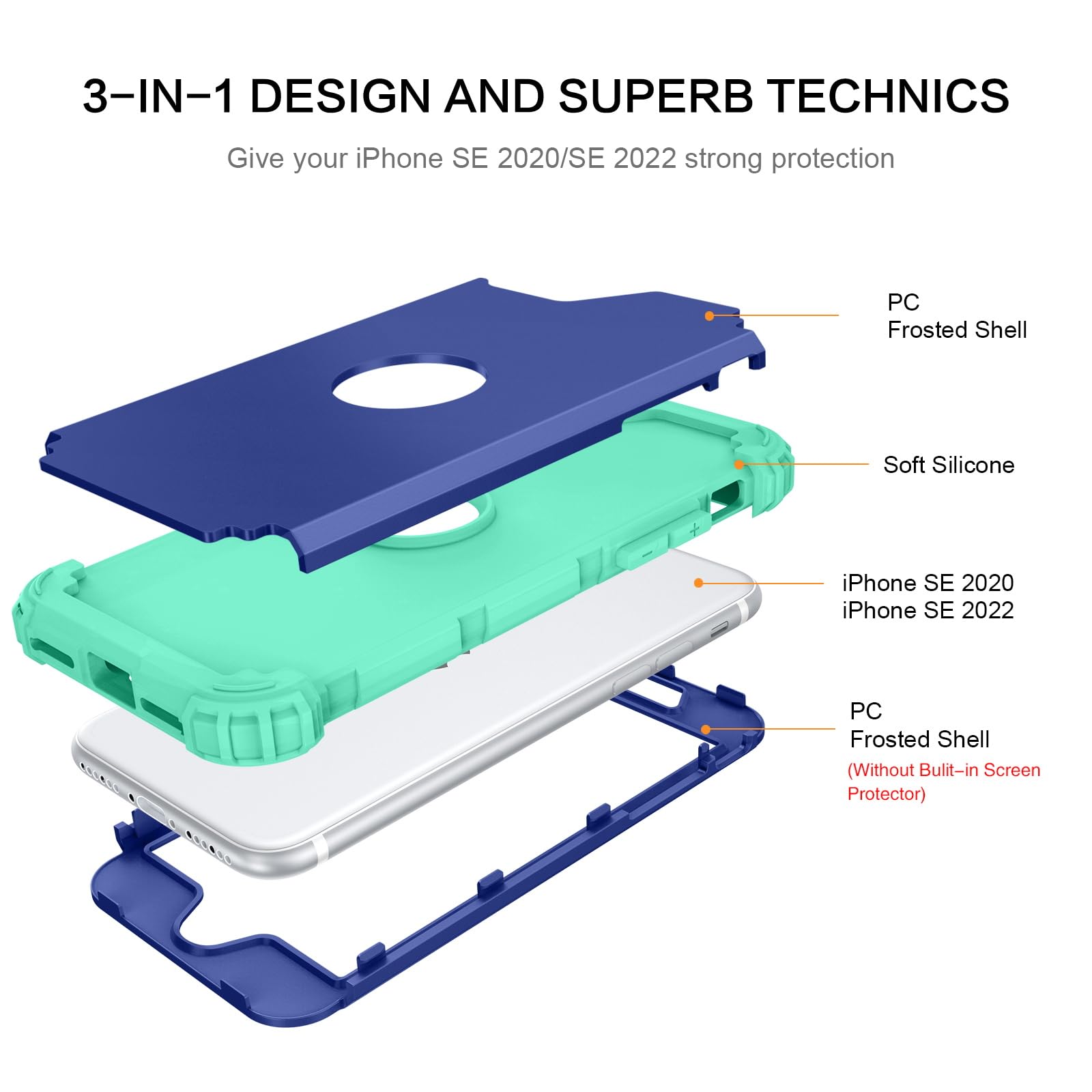 Bentoben For Iphone Se 2022 Phone Case And Iphone Se 2020 Case, Heavy Duty 3 In 1 Full Body Rugged Shockproof Hybrid Hard Pc Sof