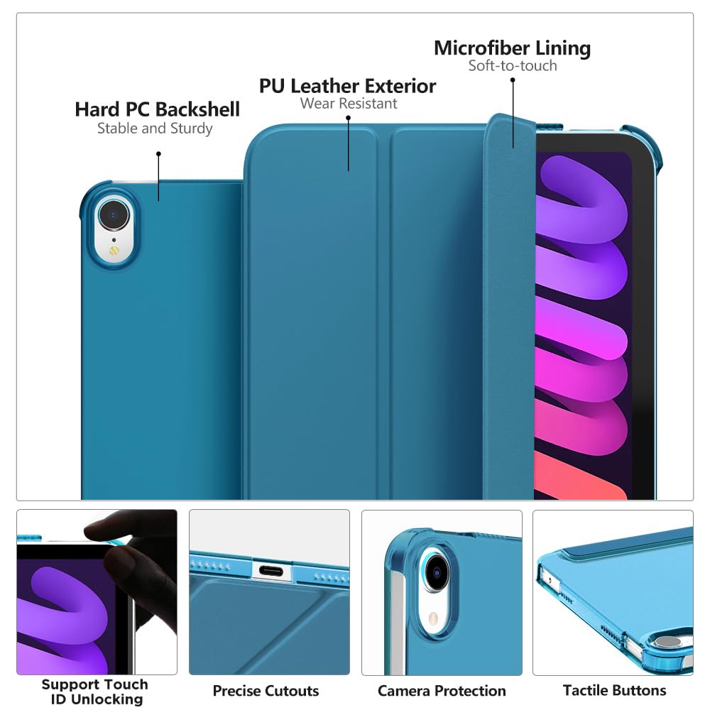 MoKo for iPad Mini 7 (A17 Pro) Case 2024,iPad Mini 6 Case 2021,8.3 inch iPad Mini 7th/6th Generation Case,Slim Lightweight Hard Back Shell Stand Cover for iPad Mini 2024 with Touch ID, Peacock Blue