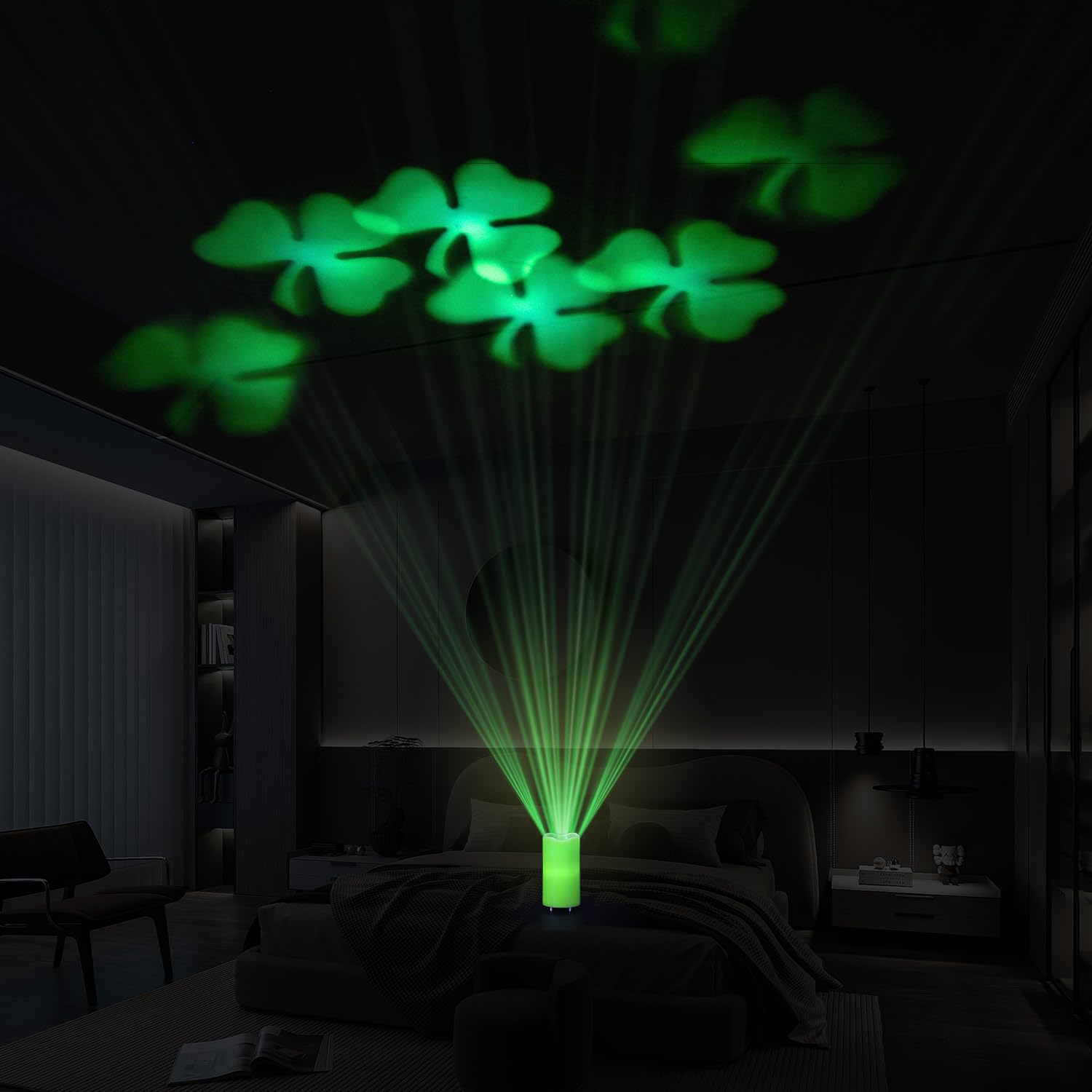 St. Patrick'S Day Green Led Candle With Lucky Clover Projection, Real Wax & Remote Control, Decorative Candle Projector Light