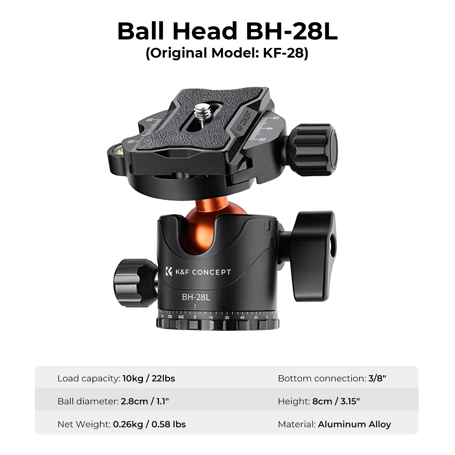 K&F Concept 62 Lightweight Aluminum Tripod with Detachable Monopod & 360° Ball Head - Black and Orange, Model K254A1+BH-28L