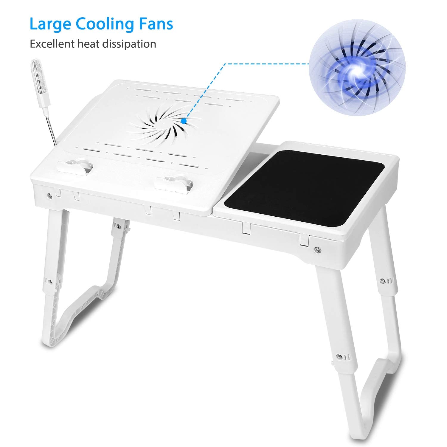 Teqhome Laptop Table For Bed, Adjustable Laptop Bed Desk With Fan, 4 Usb Ports, Portable Lap Desk With Foldable Legs, Laptop Stand For Couch Sofa Bed Tray With Led Light, Storage, Mouse Pad   White