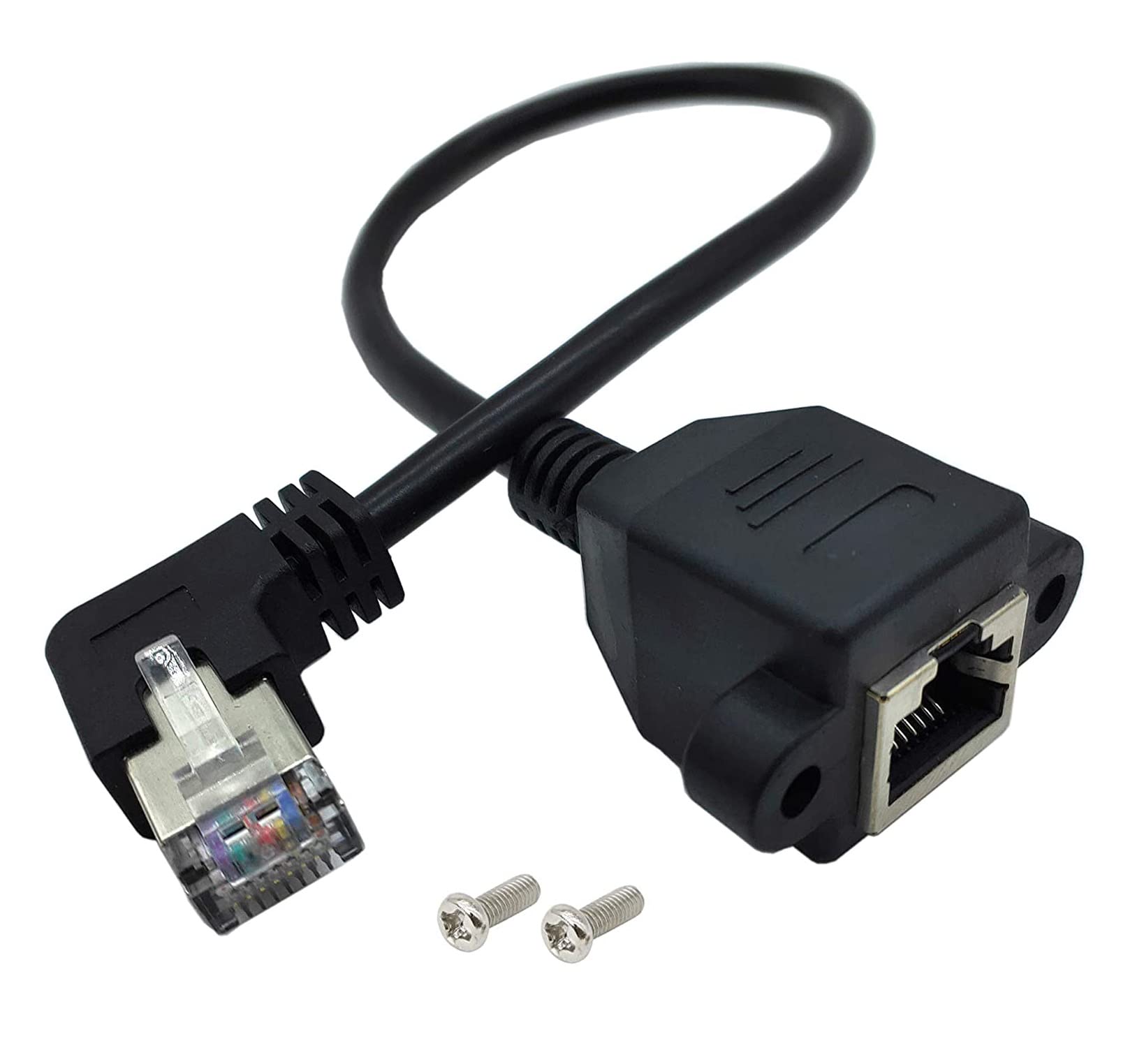 Qaoquda Cat6 Network Extension Cable,90 Degree Rj45 Male To Female Screw Panel Mount Extension Cable, Support Ethernet Cat 5E/Ca