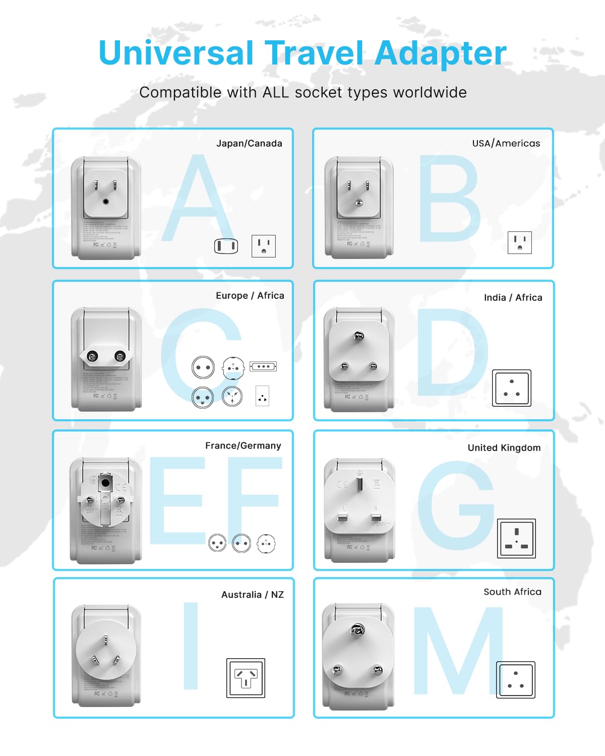 Universal Travel Adapter Kit, Vintar Pd 35W International Power Adapter With 4 Ac 3 Usb Ports(2 Usb C), Type A,B,C,D,E/F,G,I,M S