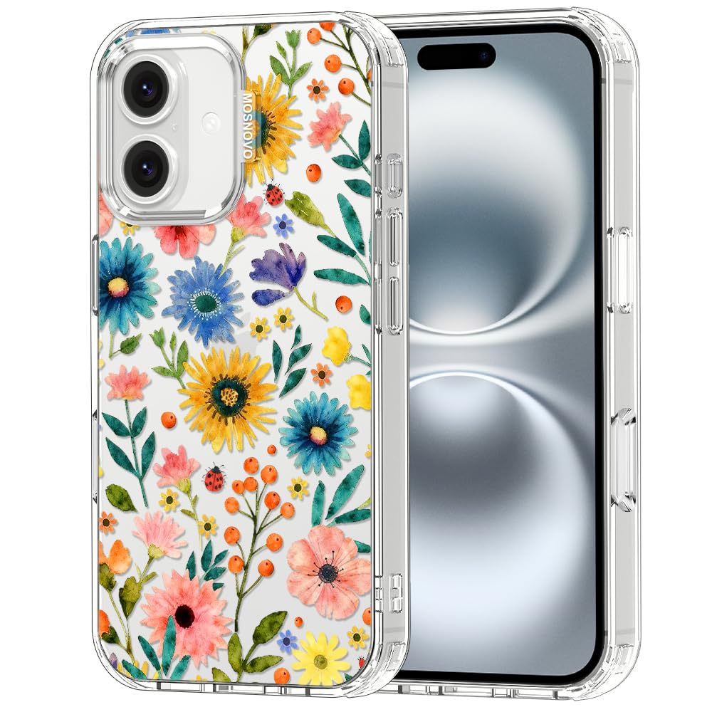 MOSNOVO for iPhone 16 Case, Shockproof Military-Grade Protection 6.6ft Drop Tested, Clear Phone Case for iPhone 16, Wildflower B