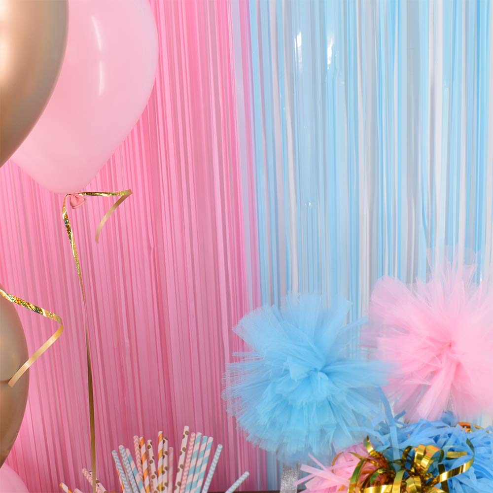 Pastel Fringe Curtains 3.2 Ft X 6.6 Ft Baby Shower Gender Reveals Party Decoration Party Photo Backdrop (Pink/Blue)