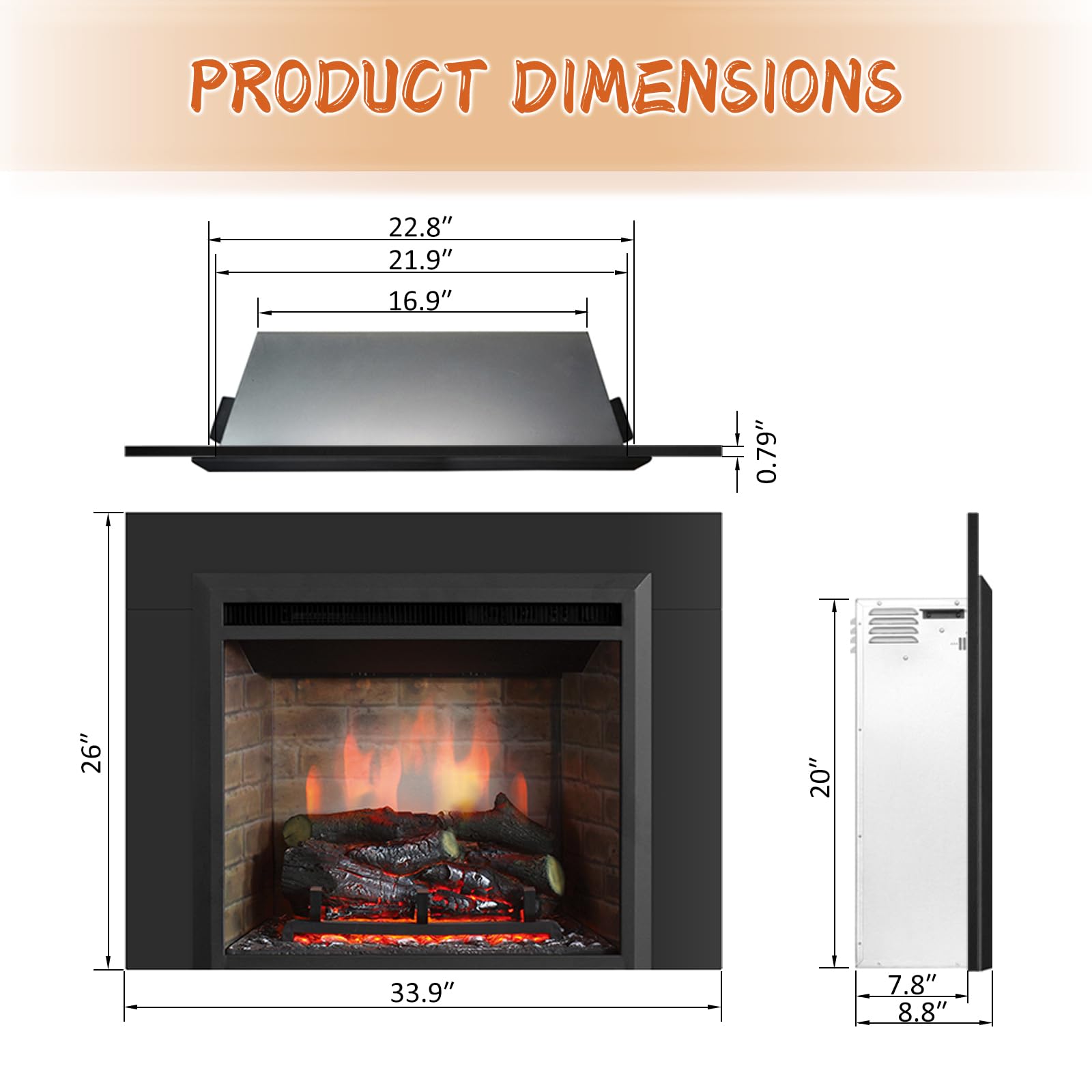 Puraflame Western 23'' Electric Fireplace Insert With Trim Kit, Fire Crackling Sound, Resin Log, Remote Control, 750/1500W Heate