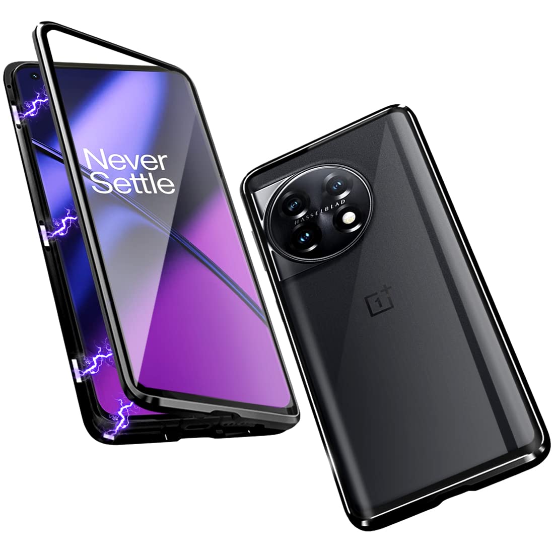 Quietip Case Compatible Oneplus 11 5G,Magnetic Body Metal Frame Double Sided Clear Tempered Glass Shockproof With Camera Protect