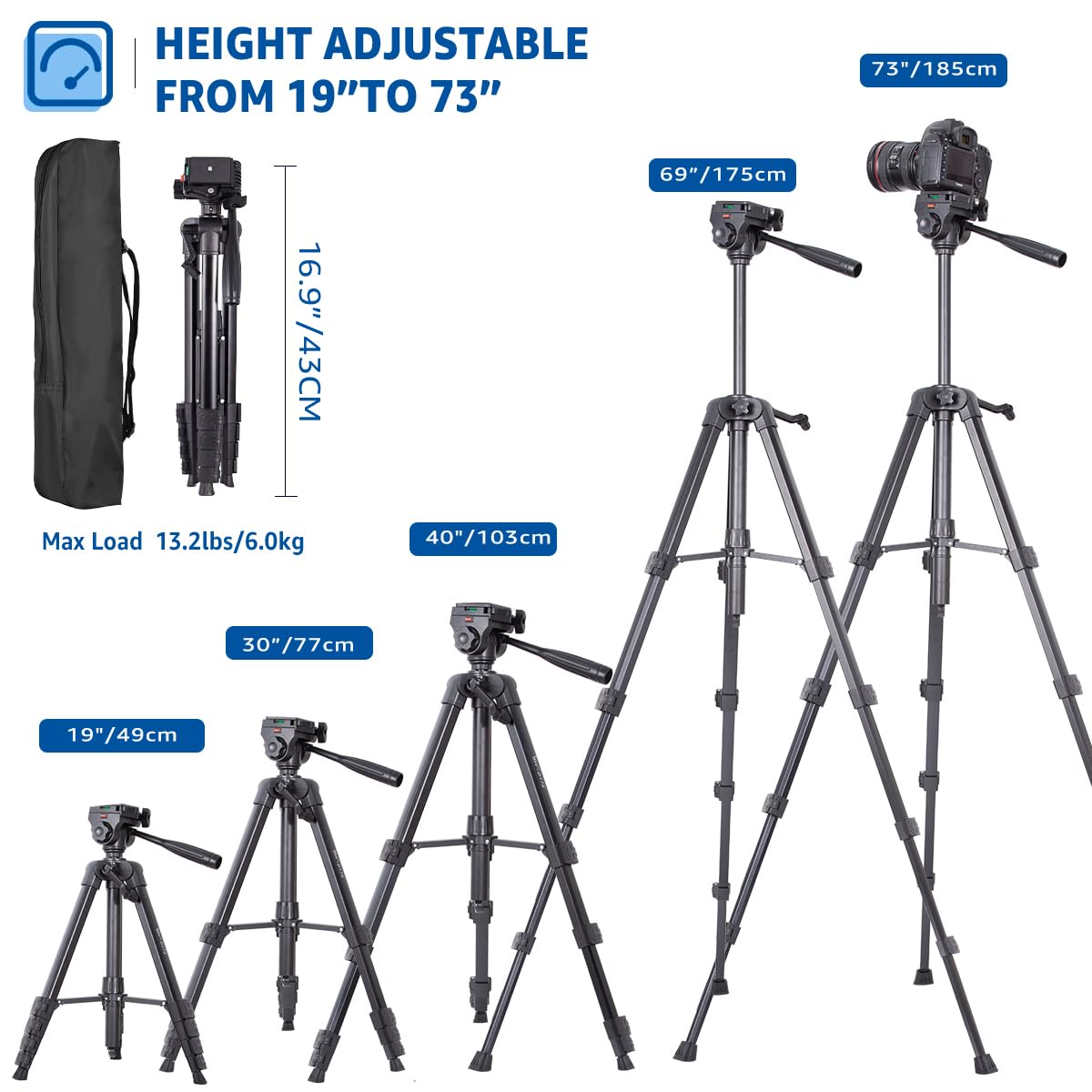 Tripod, Lusweimi 73 Inch Camera Tripod Stand With Travel Bag For Photography/Video Recording, Professional Heavy Duty Tripod With Wireless Remote & Phone Holder For Dslr/Slr/Dv/Projector/Phone