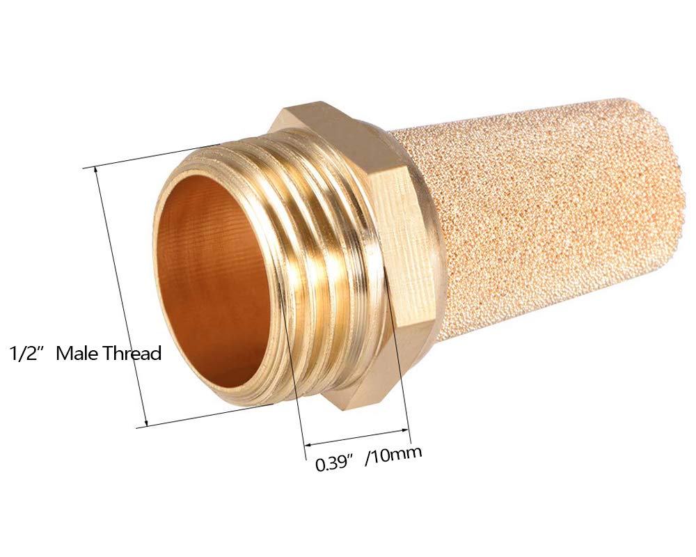 Zlyy 5Pcs Brass Air Pneumatic Mufflers, 1/2'' Male Thread Hex Sintered Bronze Exhaust Muffler Silencer (Pack Of 5 With 1 Teflon