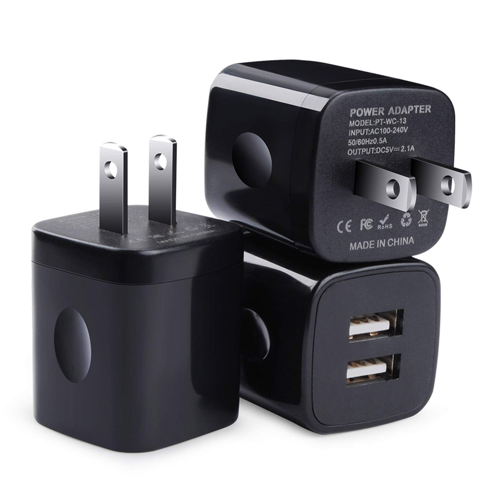 Black Usb Wall Adapter, Charging Block, 3Pack Dual Port 2.1A Fast Wall Charger Brick Base Cube Usb Plug Outlet Phone Charger Box