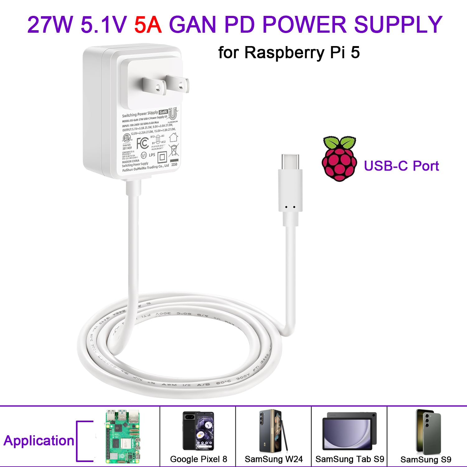 [Gan Pd 27W] Iuniker Power Supply For Raspberry Pi 5, 5.1V 5A 27W Pd Power Supply Usb C Power Supply For Raspberry Pi For Raspbe