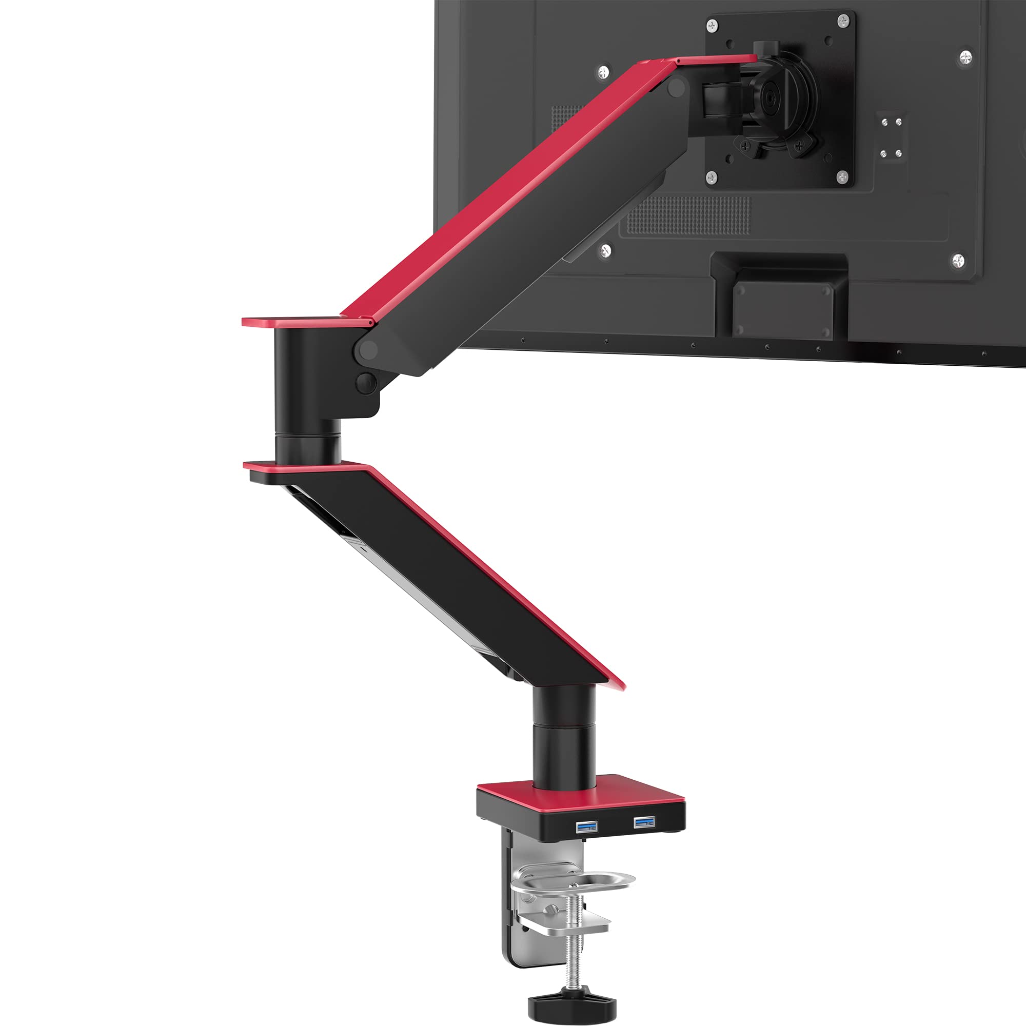 Red Single Monitor Arm Mount - CTA Red Monitor Mount for 23 to 35 Monitors - w/Dual USB 3.0 Hub Ports & Arm Clamp for Desks - Re