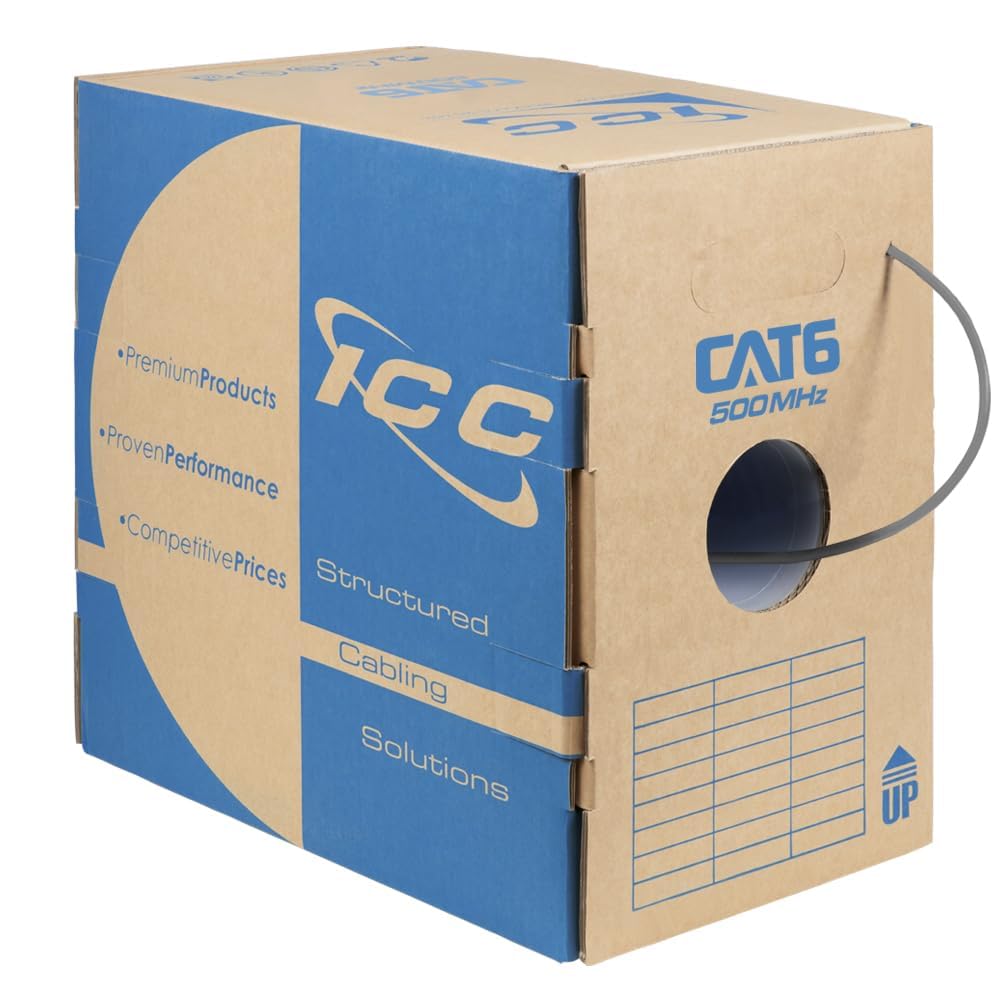 ICC Cat6 CMR Riser 1000ft   UTP 23AWG, 100% Solid Pure Copper, Unshielded, Bulk Ethernet Cable, PoE++, 500MHz, Reelex Pull Box, UL Certified, RoHS, TAA and NEC Compliant, Gray