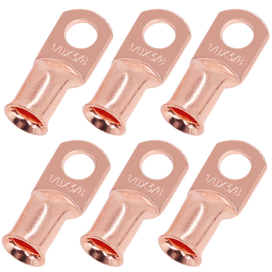 Swpeet 6Pcs 1/0 Awg   3/8'' (M10) Ring Terminals Ul Listed Copper Battery Cable Lugs Wire Lugs, Battery Cable Ends Bare Copper E