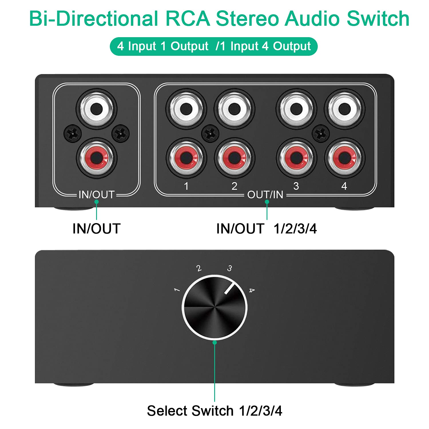 4 Port Bi Directional Audio Switcher, 4 Way Stereo L/R Sound Channel 1 In 4 Out Or 4 In 1 Out, L/R Sound Channel Audio Switch Splitter Rca Stereo Switch Selector For Dvd Stereo Speaker Cd Player