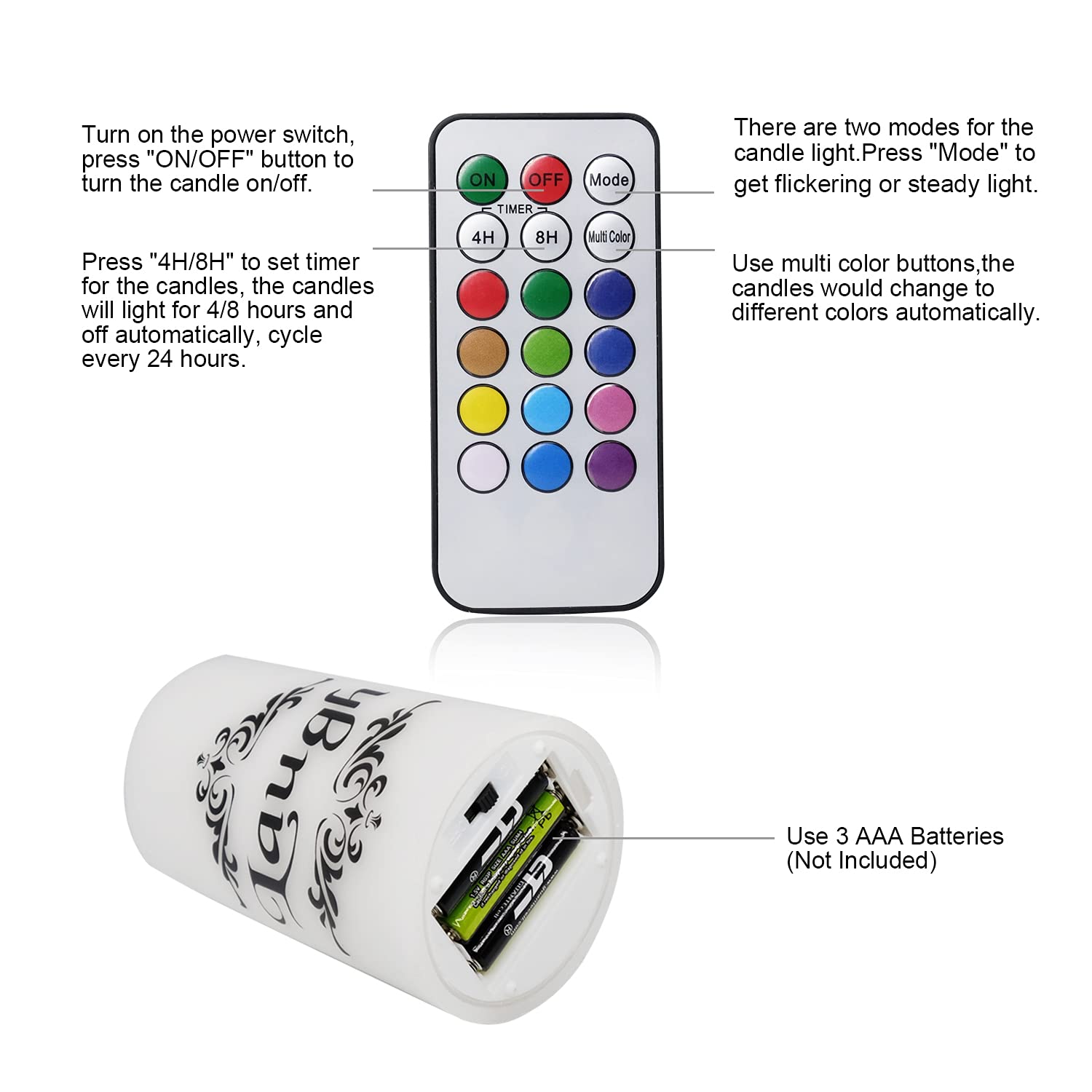 Dromance Color Changing Flameless Candles Battery Operated With 18 Key Remote Timer, 3 Pack Real Wax Live Love Laugh Decal Flick