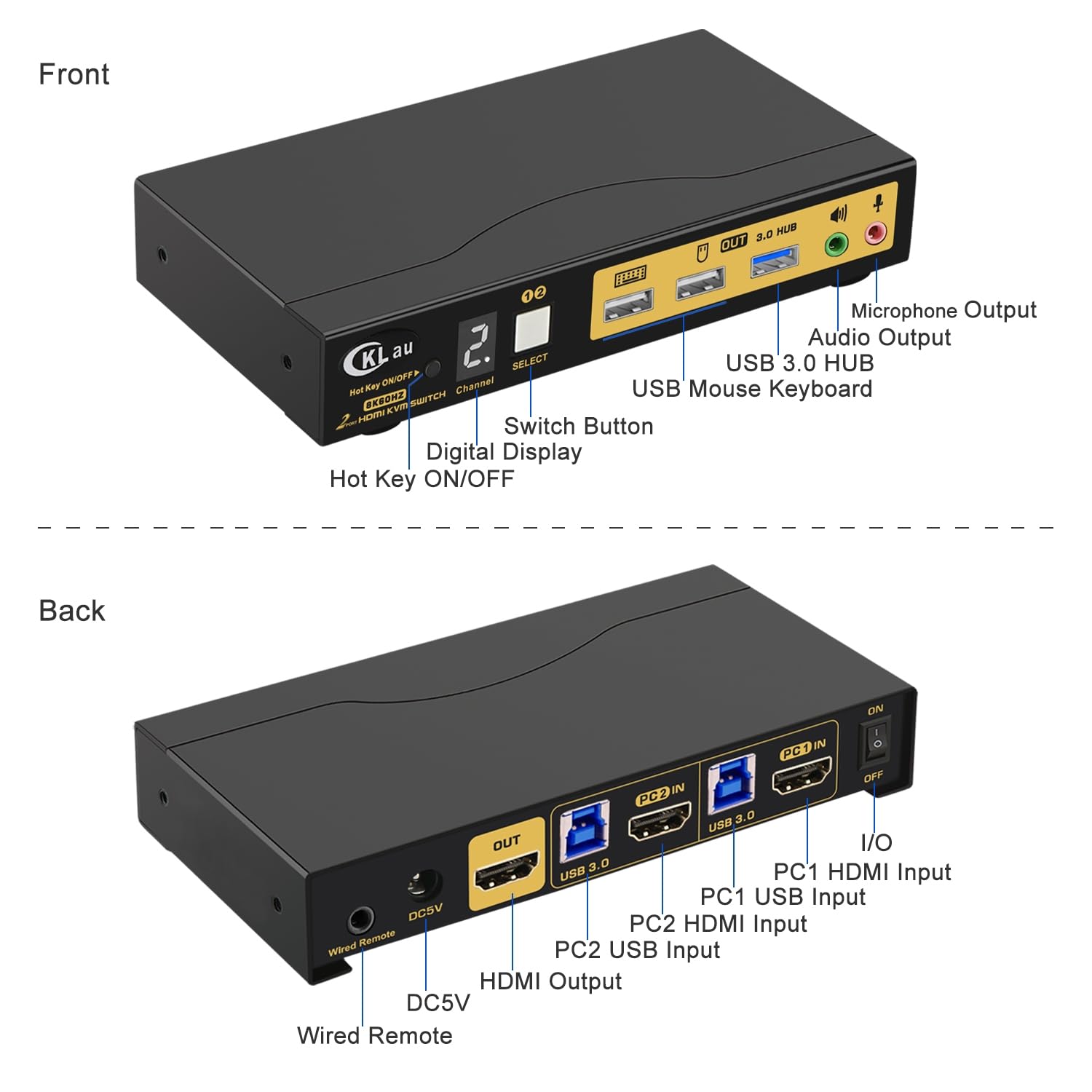 Cklau Usb 3.0 2 Port Kvm Switch Hdmi 2.1 8K@60Hz 4K@144Hz With Audio, Microphone Output And Cables Support Hotkey Switching, Emu
