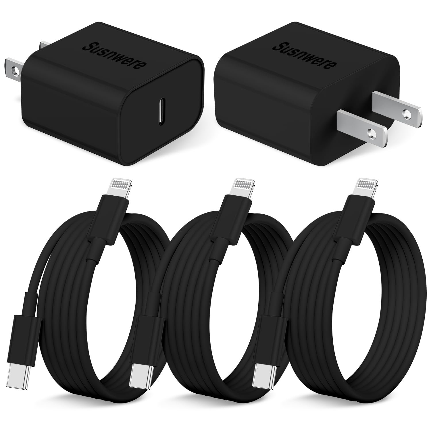 Susnwere Iphone 14 13 12 Charger Fast Charging, 2 Pack 20W Fast Pd Usb C Wall Charger Adapter With 3Pack 6Ft Usb C To Lightning Cable (Mfi Certified) For 14/14 Plus/14 Pro/14 Pro Max/13/ Black