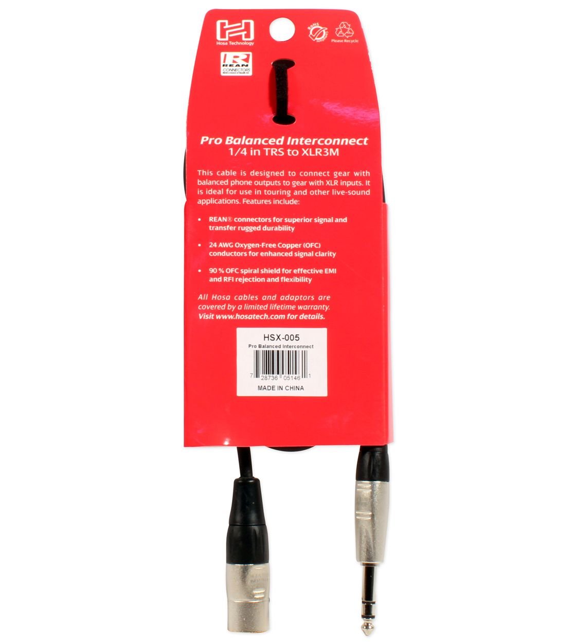 Hosa Hsx 005 Rean 1/4'' Trs To Xlr3M Pro Balanced Interconnect Cable, 5 Feet