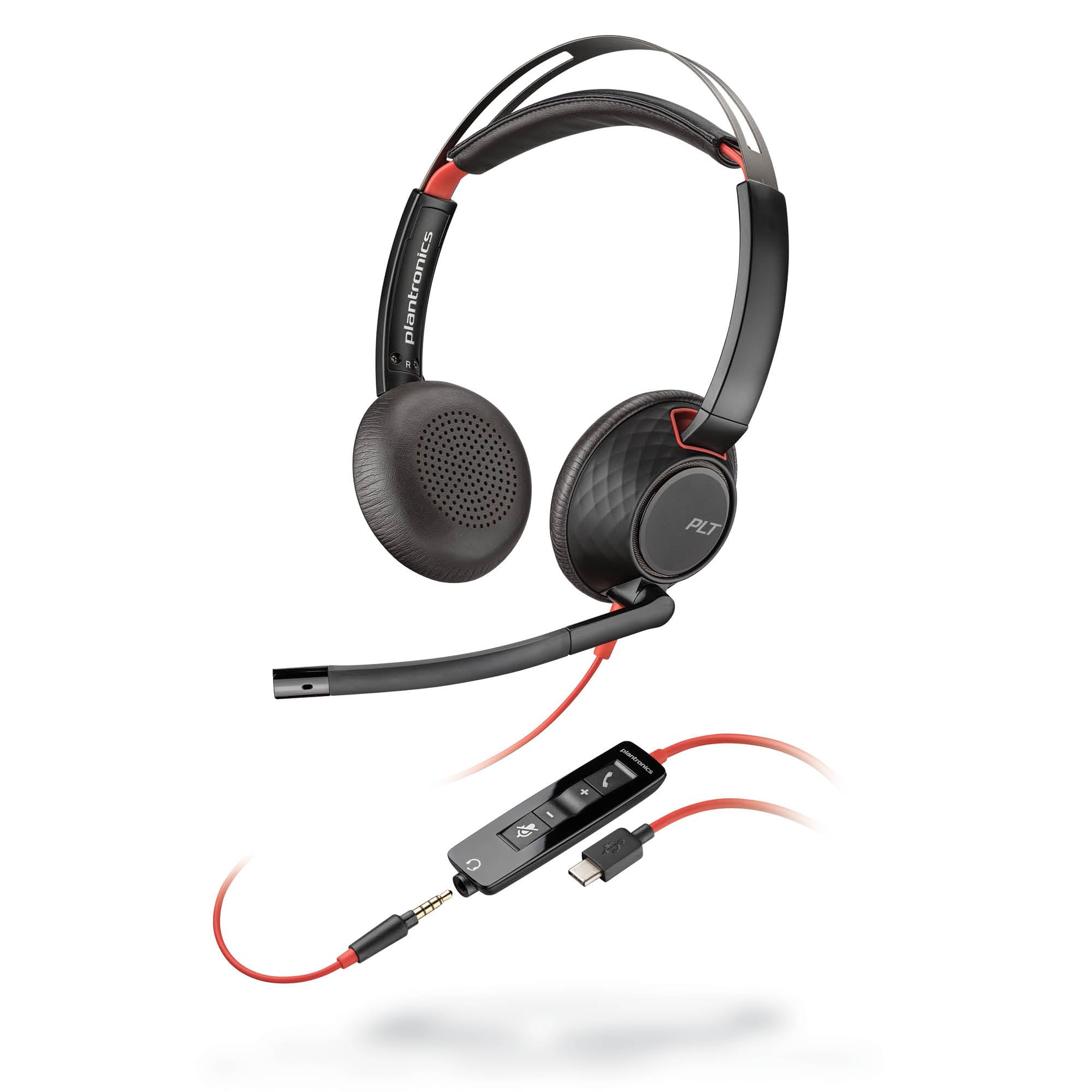 Plantronics Poly ( + Polycom) Blackwire Wired Headphones 5220, C5220 UsbC, Ww, Usb C/A Adapter, Ecomm  On Ear
