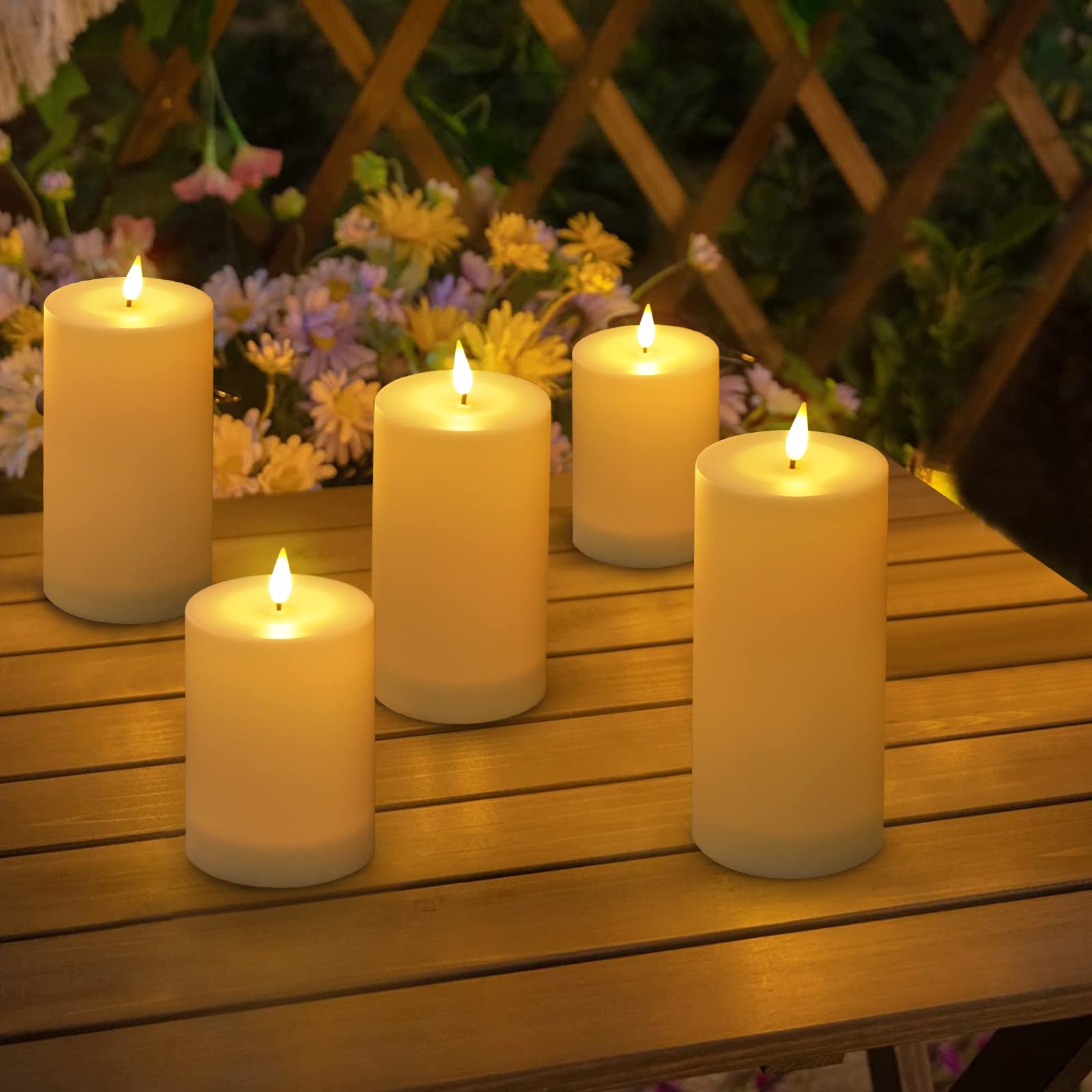 Viodaim Solar Candles Outdoor Waterproof: Flameless Flickering Pillar Led Candles Set Of 3 Dusk To Dawn Rechargeable Sensor Ligh