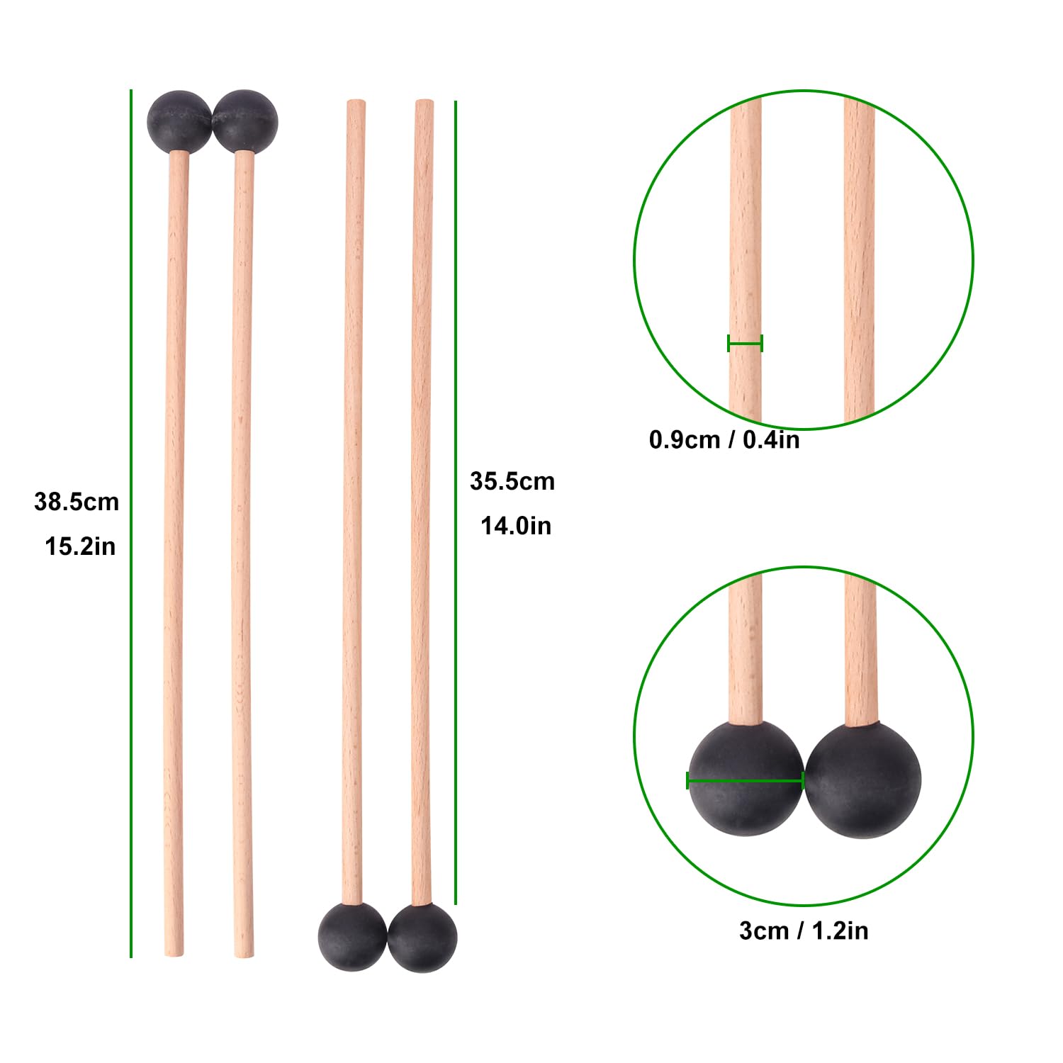 Geytetqi 4 Pair Black Bell Mallets Glockenspiel Sticks, 15 Inch Wooden Percussion Mallets, Rubber Xylophone Mallet With Wood Han