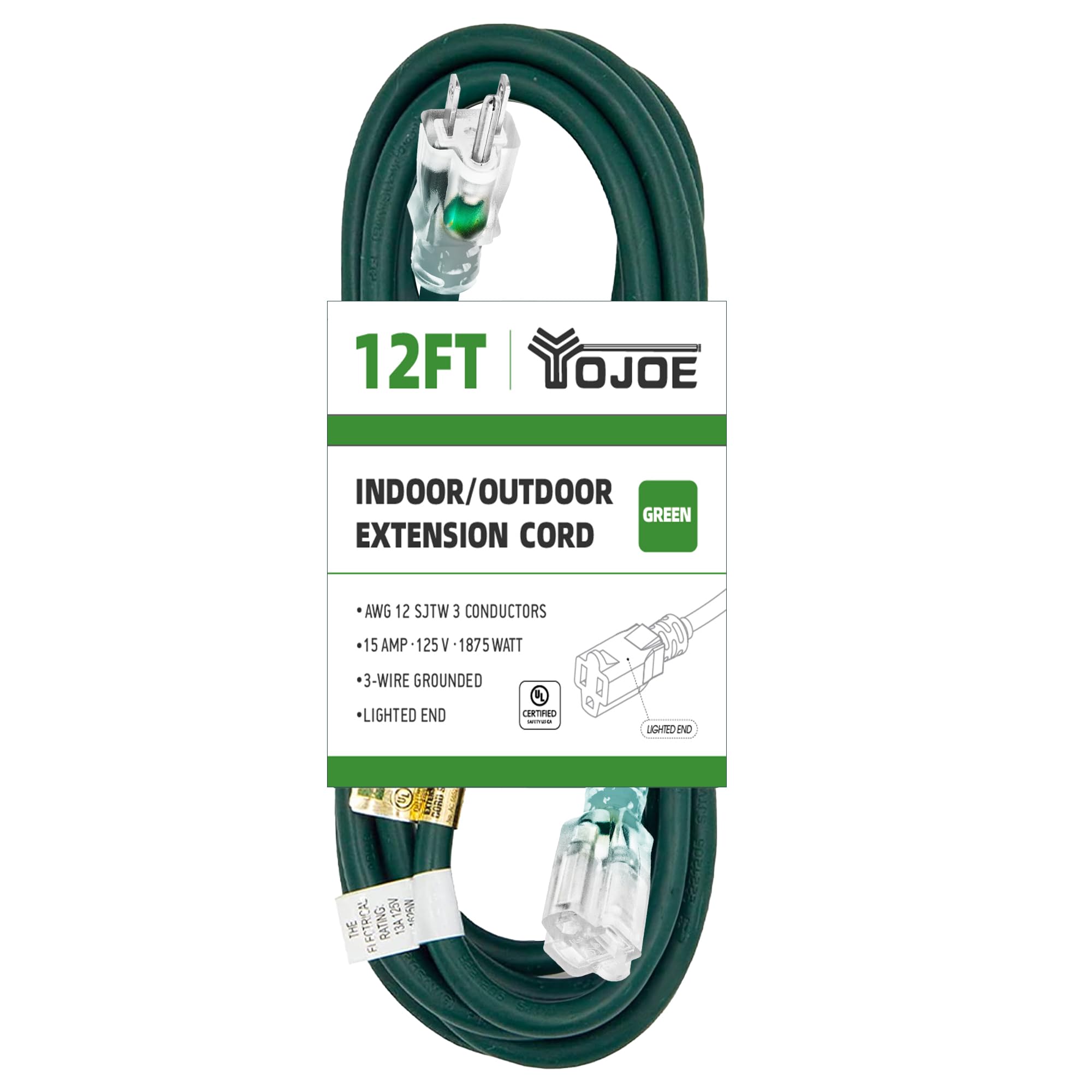Yojoe Indoor Outdoor Extension Cord With Lighted End, 3 Prong 15A Weatherproof Power Extension Cord, 12 Gauge Heavy Duty 12 Ft G