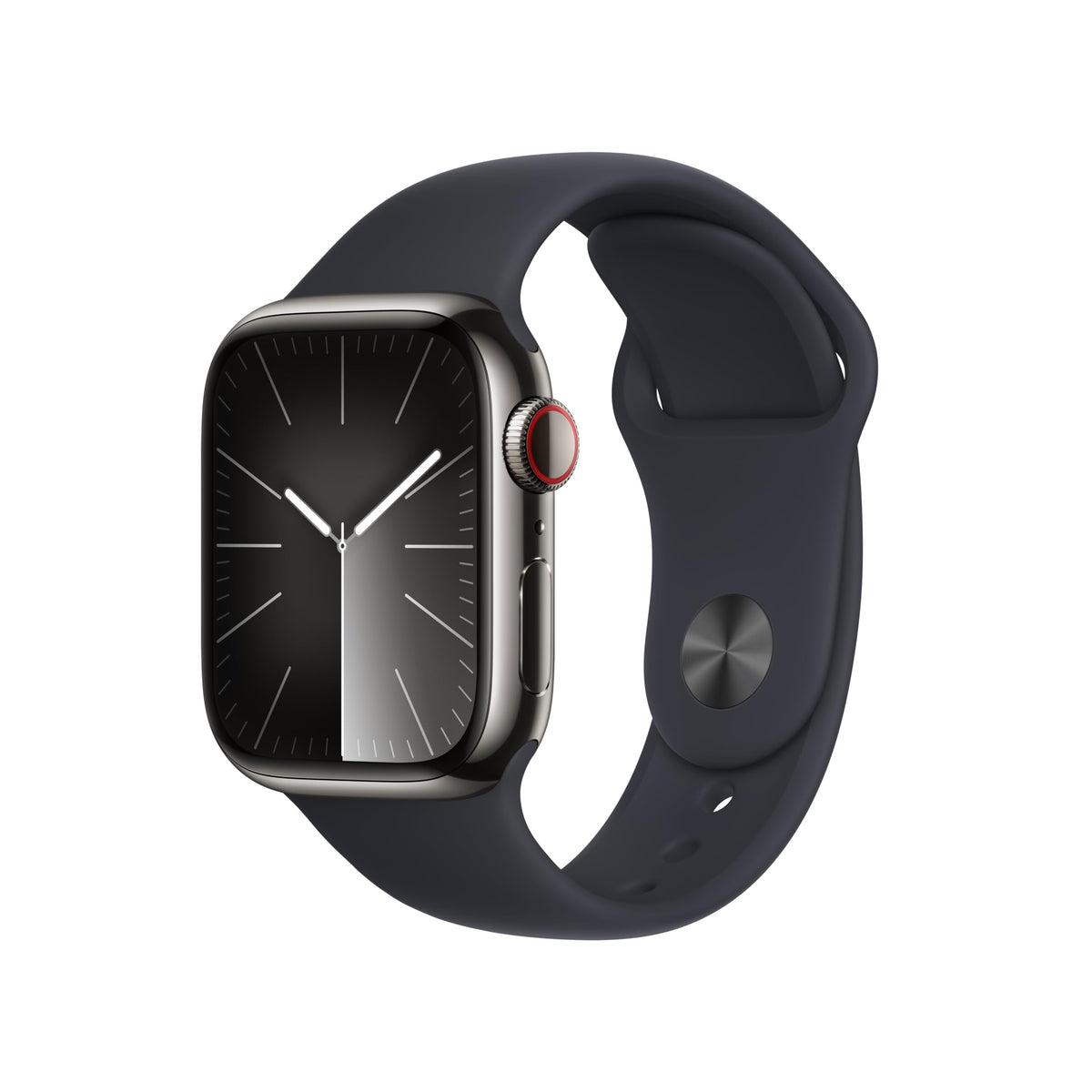 Apple Watch Series 9 [GPS + Cellular 41mm] Smartwatch with Graphite Stainless Steel Case with Midnight Sport Band S/M. Fitness Tracker, Blood Oxygen & ECG Apps, Always On Retina Display