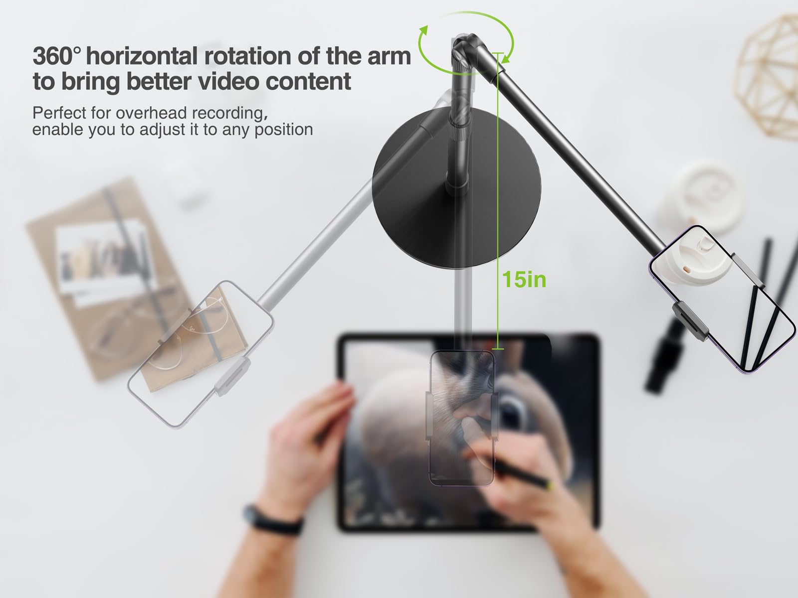 elitehood Heavy Duty Aluminum Overhead Phone Stand, 15" Long Arm, 360? Swivel, Black, Model DP1, Ideal for Filming and Crafting