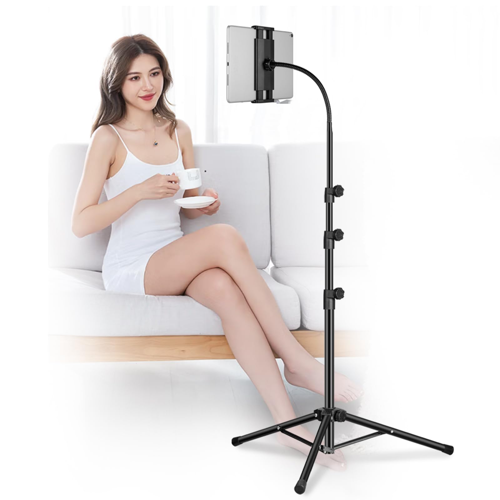 Ipad Tripod Stand, Gooseneck 65 Height Adjustable Floor Stand with 360 Rotating iPad Tripod Mount for iPhone,iPad pro,Kindle and