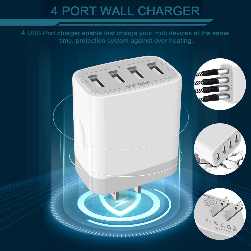 Usb Charger Cube, Wall Charger Plug, Ailkin 4.8A 4 Muti Port Usb Adapter Power Plug Charging Station Box Base Replacement For Ip
