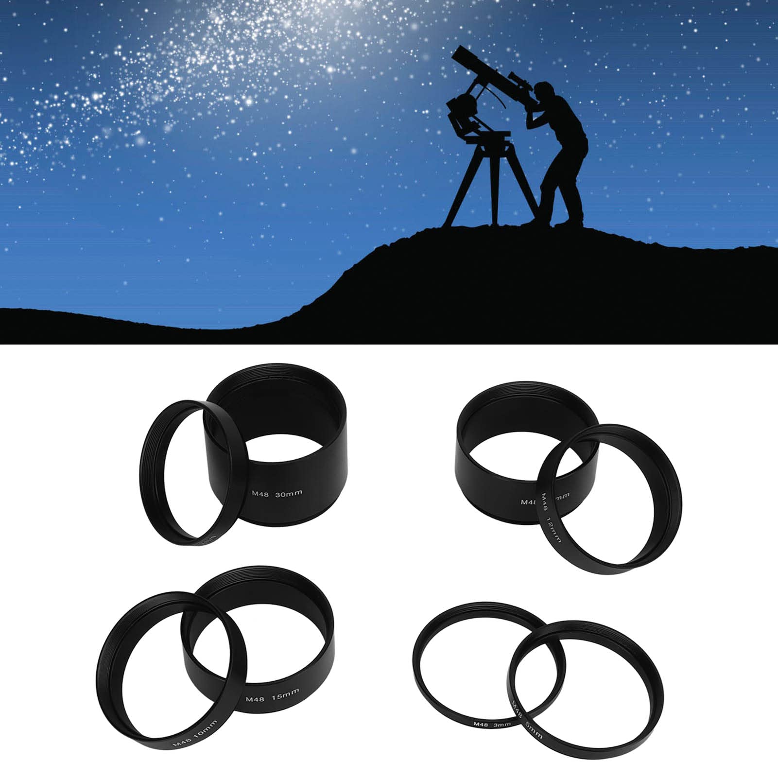 Telescope Extension Tube Set,8 Pcs M48X0.75 Length Extension Tube Kit 3 5 7 10 12 15 20 30Mm Extending For Astronomical Telescop