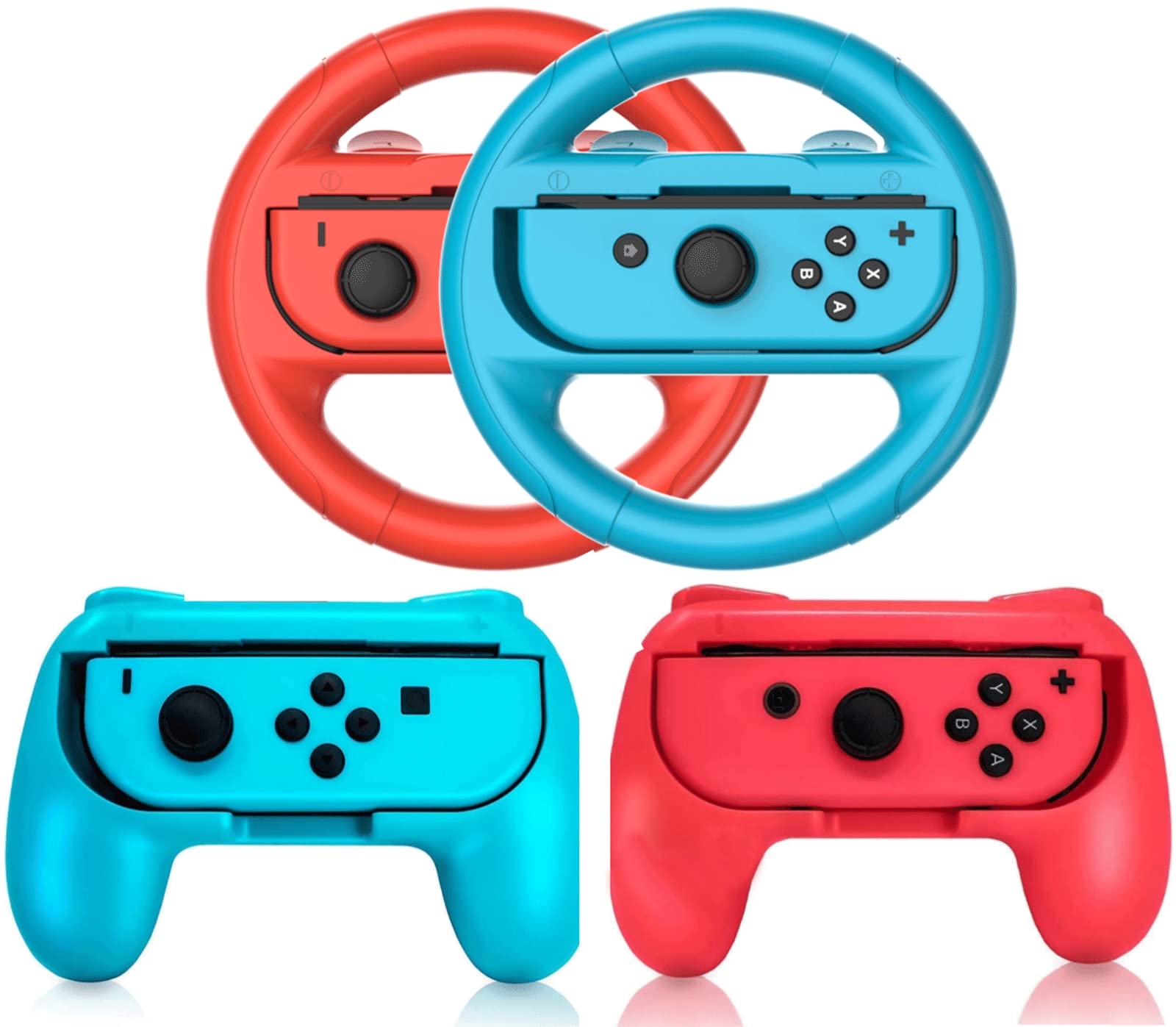 2 PCS Grips for Joy Con and 2 PCS Steering Wheel Compatible for Nintendo Switch Wheel, Family Sports Party Pack Accessories Comp