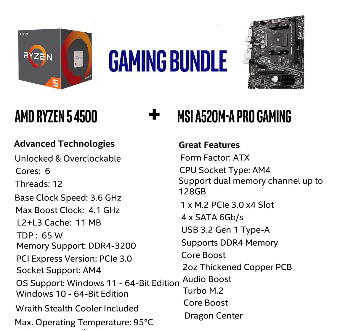 Inland Amd Ryzen 5 4500 Unlocked Desktop Processor Bundle With Msi A520M A Pro Gaming Motherboard (Amd Am4, Ddr4, Pcie 4.0, Micr