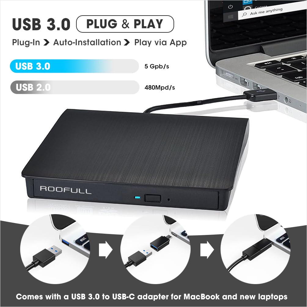 Roofull External Cd/Dvd Drive Usb 3.0 Portable Cd Dvd Player Burner Reader Writer Cd/Dvd Rom +/ Rw Optical Disk Drive For Laptop
